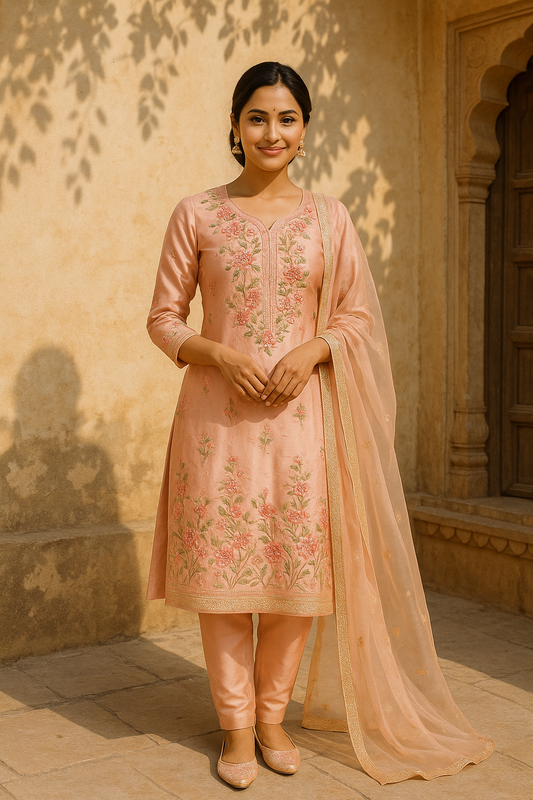 Heer – Soft Peach Embroidered Silk Suit